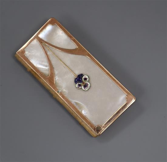 An early 20th century Austro- Hungarian yellow metal , enamel and mother of pearl set miniature calendar book, 7.2cm.